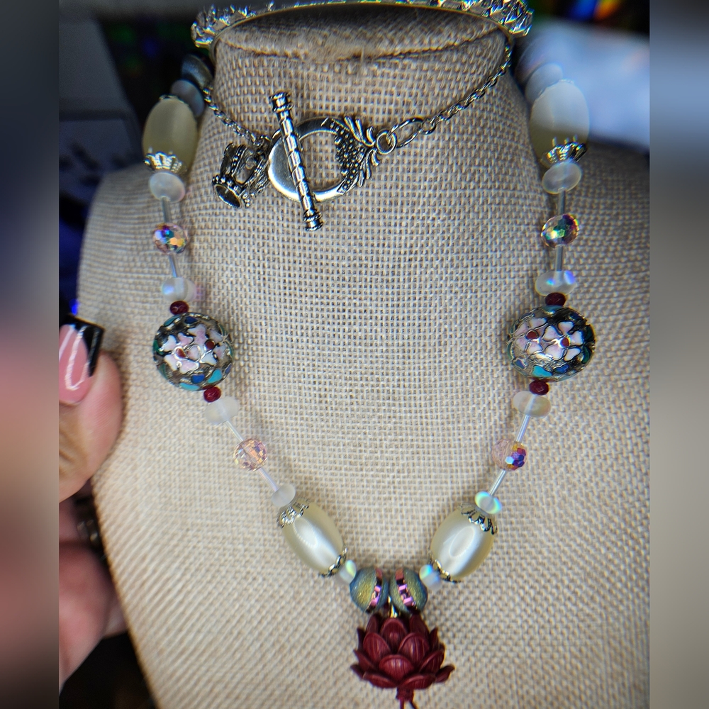 SOLD-Artisan Quadruple Threat Cloisonne, Cinnabar, & Moonglow, w/ Rubies -  Set - Picture 6 of 11